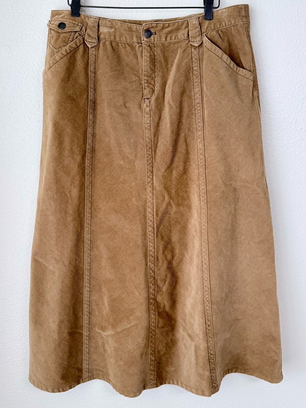Eddie Bauer Corduroy A-Line Long Maxi Skirt Tan Camel Stretch Size 10